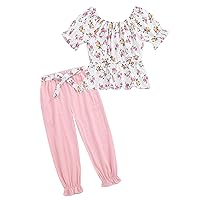 Girls Clothing Set 2 Pcs Floral Soft Tunic Top + Cropped Pants with 2 Pockets Clothing Sets 3-12Y