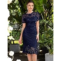 TLULY Dress for Women Mermaid Hem Lace Bodycon Dress (Color : Navy Blue, Size : XX-Large)