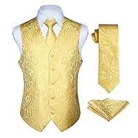 HISDERN Men's Vest Tie Set Paisley Floral Jacquard Necktie Pocket Square 3PCS Waistcoat for Suit or Tuxedo Wedding Party