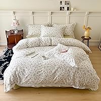 VClife Girls Cotton Duvet Cover Queen Ruffle Lace Style Floral Printed Bedding Set Pink Green Comforter Quilt & Pillow Protector Cover Sets Cream White Duvet Cover, 1 Duvet Cover 2 Pillowcases
