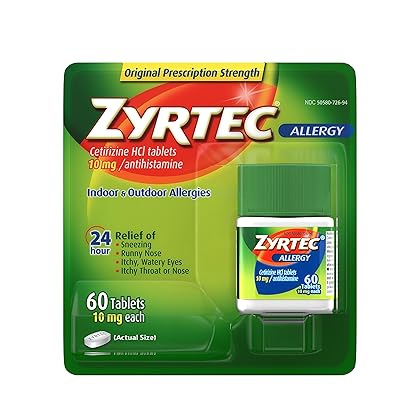 Zyrtec 24 Hour Allergy Relief Tablets, Indoor & Outdoor Allergy Medicine with 10 mg Cetirizine HCl per Antihistamine Tablet, Relief from Runny Nose, Sneezing, Itchy Eyes & More, 60 ct