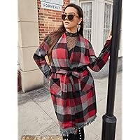 OVEXA Women's Large Size Fashion Casual Winte Plus 1pc Plaid Print Pocket Patched Fringe Hem Belted Overcoat Leisure Comfortable Fashion Special Novelty (Color : Multicolor, Size : X-Large)