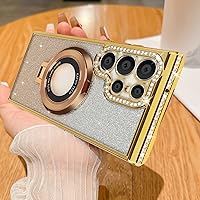 Losin Compatible with Galaxy S24 Ultra Glitter Magnetic Case with Invisible Stand [Compatible with MagSafe] Luxury Bling Rhinestone Full Camera Lens Protection Cover for Women and Girls, Gold