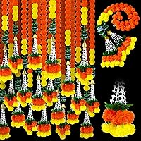 Marigold Garland for Decoration 5 ft Long Strands Faux Marigold Flowers Faux Flower Garland Decorations Indian Wedding Flower Garland for Pooja Diwali Christmas Events(Orange, Yellow, 10 Pack)