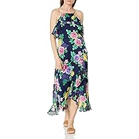 London Times Women's Petite Cold Shoulder Halter Hi-Low Maxi Dress with Feminine Ruffle Occasion Guest of Garden Party