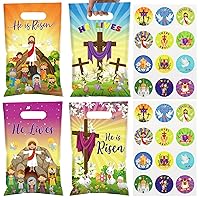 Outus 100 Pcs Easter Gift Bags with 120 Pcs Easter Tattoo Sticker He Is Risen Easter Plastic Tote Bags Easter Candy Bag with Handles Easter Egg Religious Bunny Goodie Bag for Spring Easter Party Favor