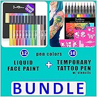 Jim&Gloria Face Paint Brush Pen Set Sweatproof Smudge Proof Water Resistance 12 Colors + 10 Temporary Tattoo Pens with Stencils, Removable Face Body Paint Markers Kit