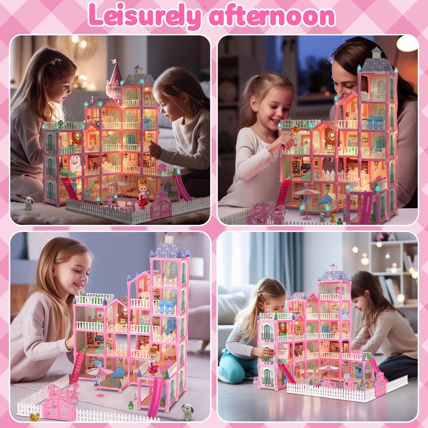 (13 Rooms) 292 PCS Dollhouse Building Playset, Pink Princess Castle Playhouse with Dolls, Furniture, Accessories, Pretend Play Dreamhouse Toys for 3 4 5 6 7 8 9 10 Years Old Girls Kids Toddlers Gifts