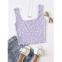 Women's Tops Sexy Tops for Women Shirts Lettuce Trim Floral Tank Top (Color : Lilac Purple, Size : X-Small)