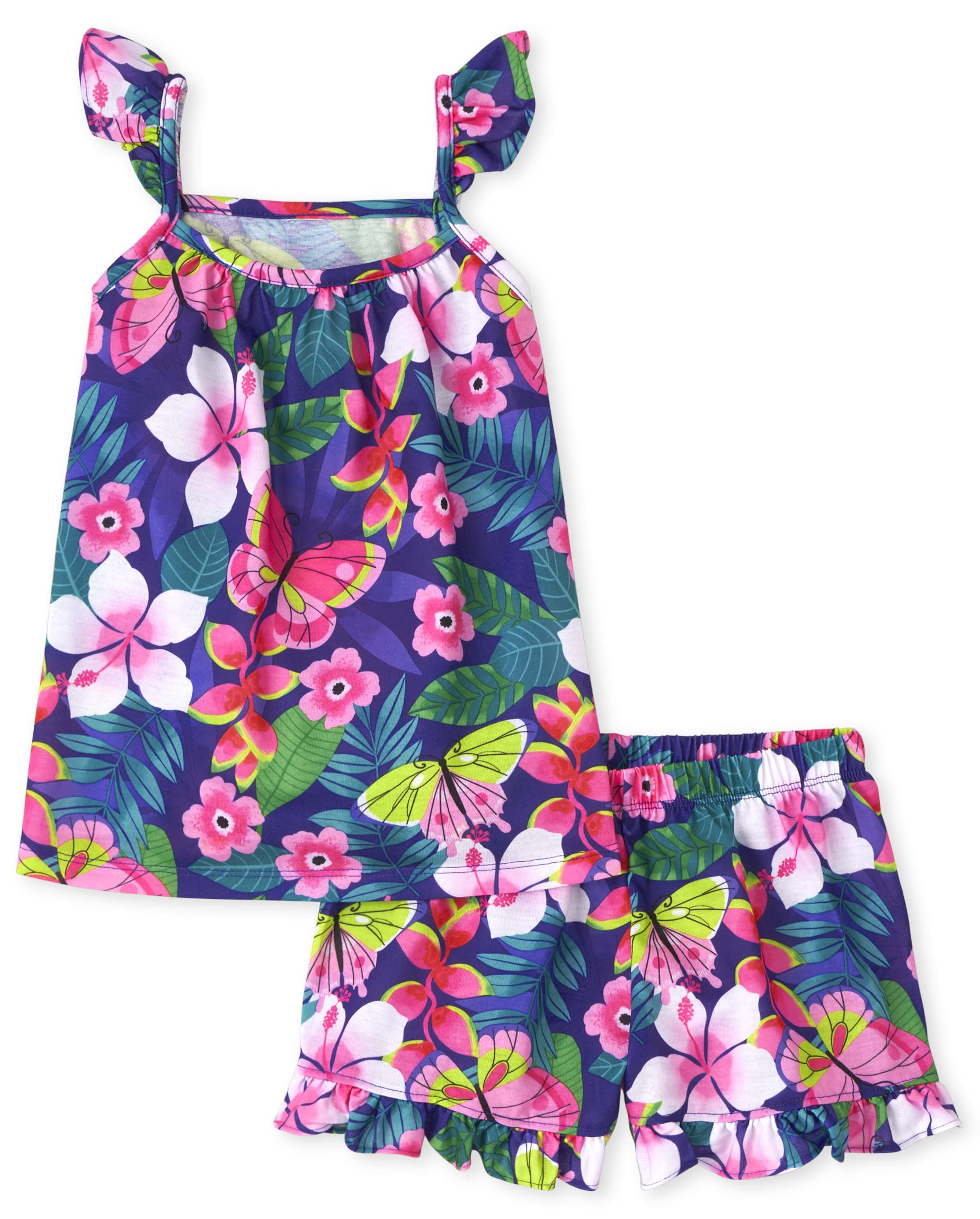 The Children's Place Girls' Sleeveless Tank Top and Short 2 Piece Pajama Set, Tropical Purple, Large (10/12)