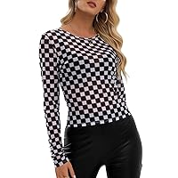 Remidoo Women's Long Sleeve Crewneck Checkered Sexy Sheer Mesh Crop Top T Shirt