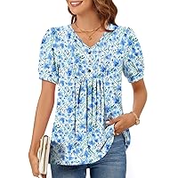 Women's Puff Short Sleeve Tunic Tops Dressy V Neck Pleated Shirts Casual Work Blouses