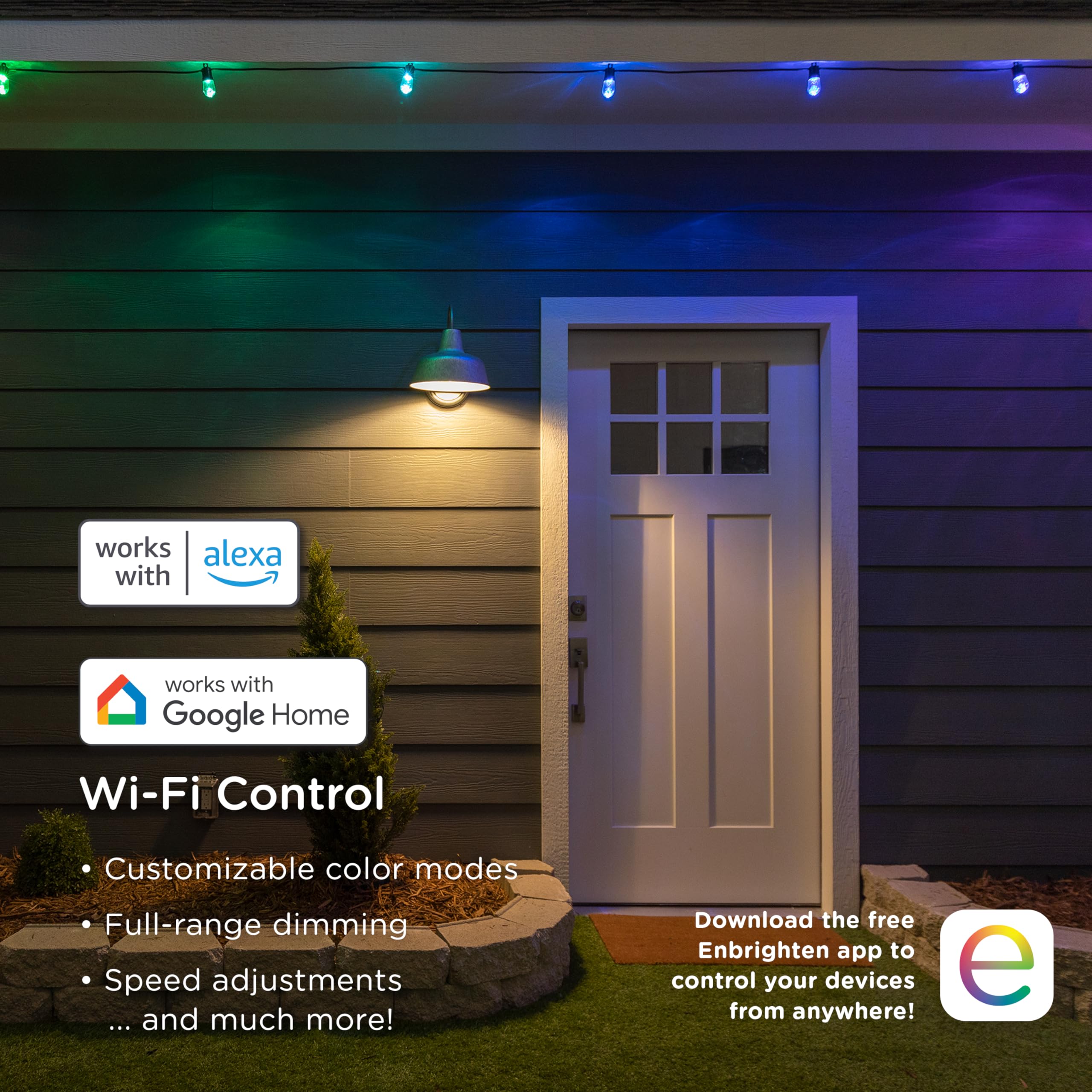 Enbrighten LED Premium Smart Color Changing String Lights, 24ft Black Cord, 12 Shatterproof Acrylic Bulbs, Weatherproof, Customizable, Wi-Fi App Control, Dimmable Outdoor String Lights, 2 Pack, 82764