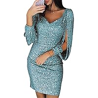 Andongnywell Womens Elegant Sequin Tassel Sleeve Bodycon Long Sleeve Sequins Fringe Dress Sexy Midi Dresses