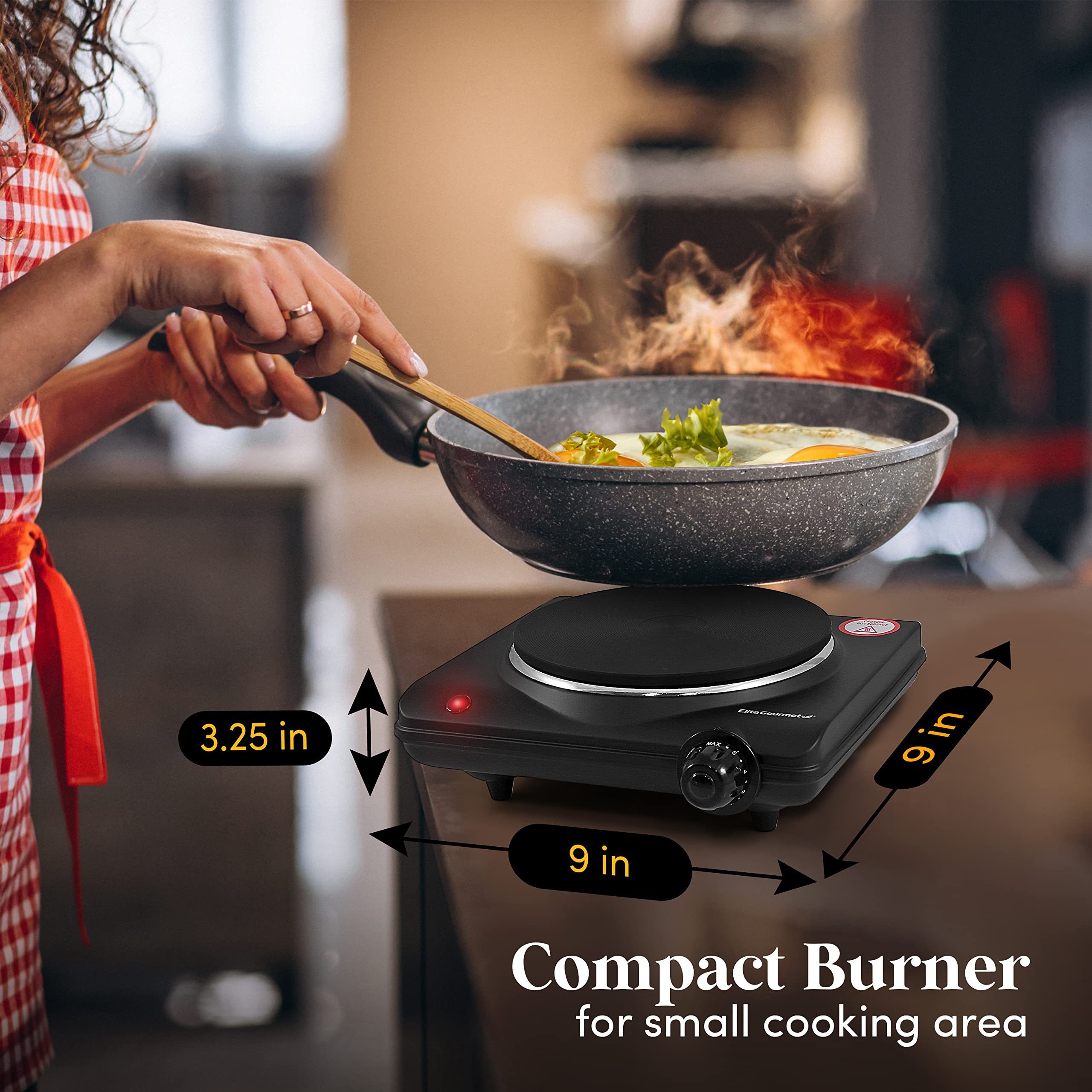 Elite Gourmet ESB-301BF Countertop Single Cast Iron Burner, 1000 Watts Electric Hot Plate, Temperature Controls, Power Indicator Lights, Easy to Clean, Black