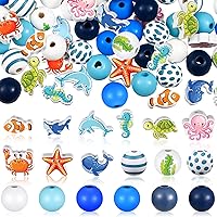 200 Pcs Ocean Theme Wood Beads for Crafts Colored Wooden Beads with Holes Blue Nautical Beads Starfish Conch Seashell Round Spacer Beads Polished for DIY Art Summer Beach Party Decor