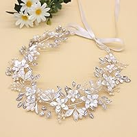Wedding Headband Bridal Headpiece Flower Design With Genuine Freshwater Pearls And Ribbons Hair Accessories For Bride (Silver)
