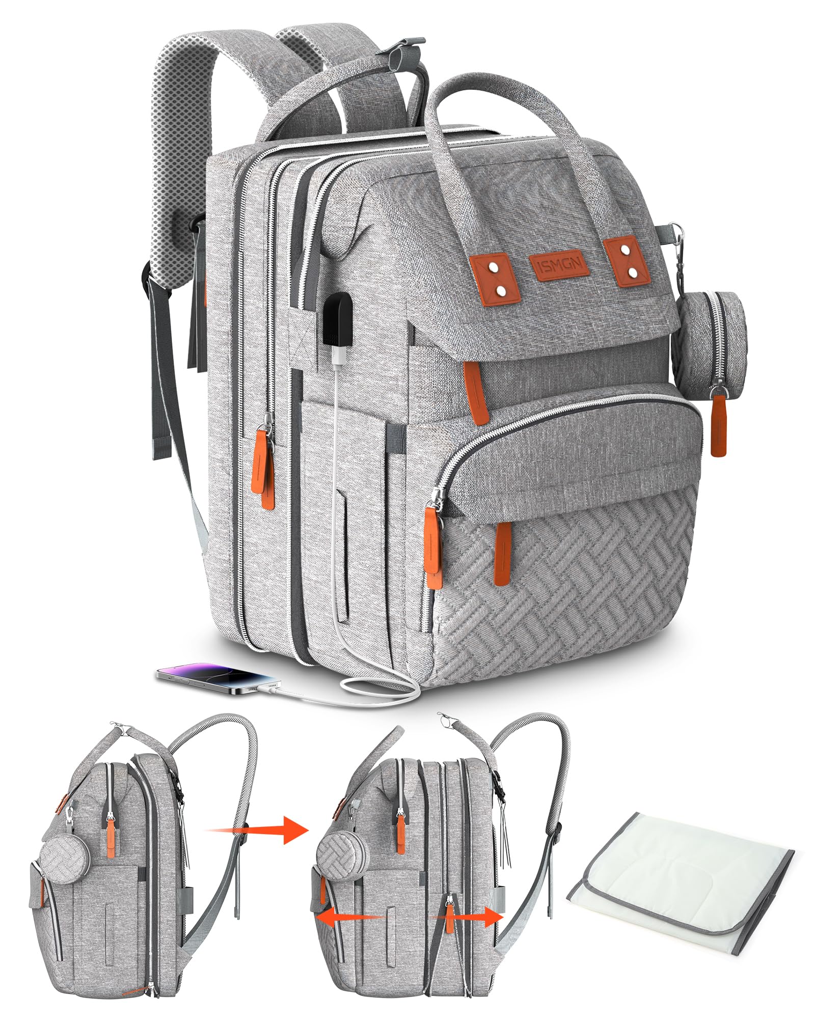 ISMGN Diaper Bag Backpack, Multifunctional Diaper Bag, Extra Large Diaper Bag, Expandable Diaper Bag, UG Grey
