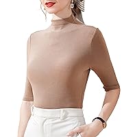 Casual Cashmere Tops for Women, Summer Solid Mock Neck Half Sleeve Patchwork Stretchy Blouses Elegant Formal Work Shirt
