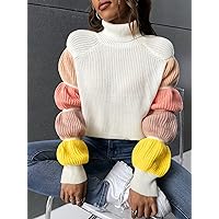 Colorblock Raglan Sleeve High Neck Sweater (Color : White, Size : Medium)