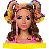Barbie Totally Hair Styling Doll Head & 20+ Accessories, Color Reveal & Color-Change Pieces, Wavy Brown Neon Rainbow Hair