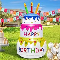 4FT Inflatable Happy Birthday Cake Decorations, Birthday Cake Blow up Outdoor Yard Decorations for Halloween Birthday Party Indoor Home Celebration Garden Lawn