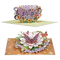 Paper Love Mothers Day Pop Up Cards 2 Pack - Includes 1 Happy Mothers Day and 1 Love You Mom Butterfly, For Mother, Wife, Anyone - Includes Envelope and Note Tag