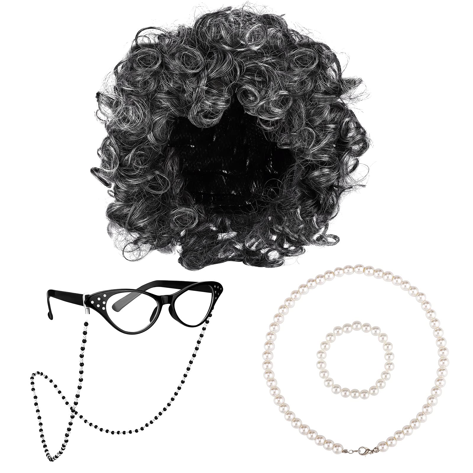 URATOT 5 Pieces Halloween Old Lady Wig Costume Set, Granny Wig with Glasses Chain, Pearl Necklace, Bracelet, Cat Eye Glasses