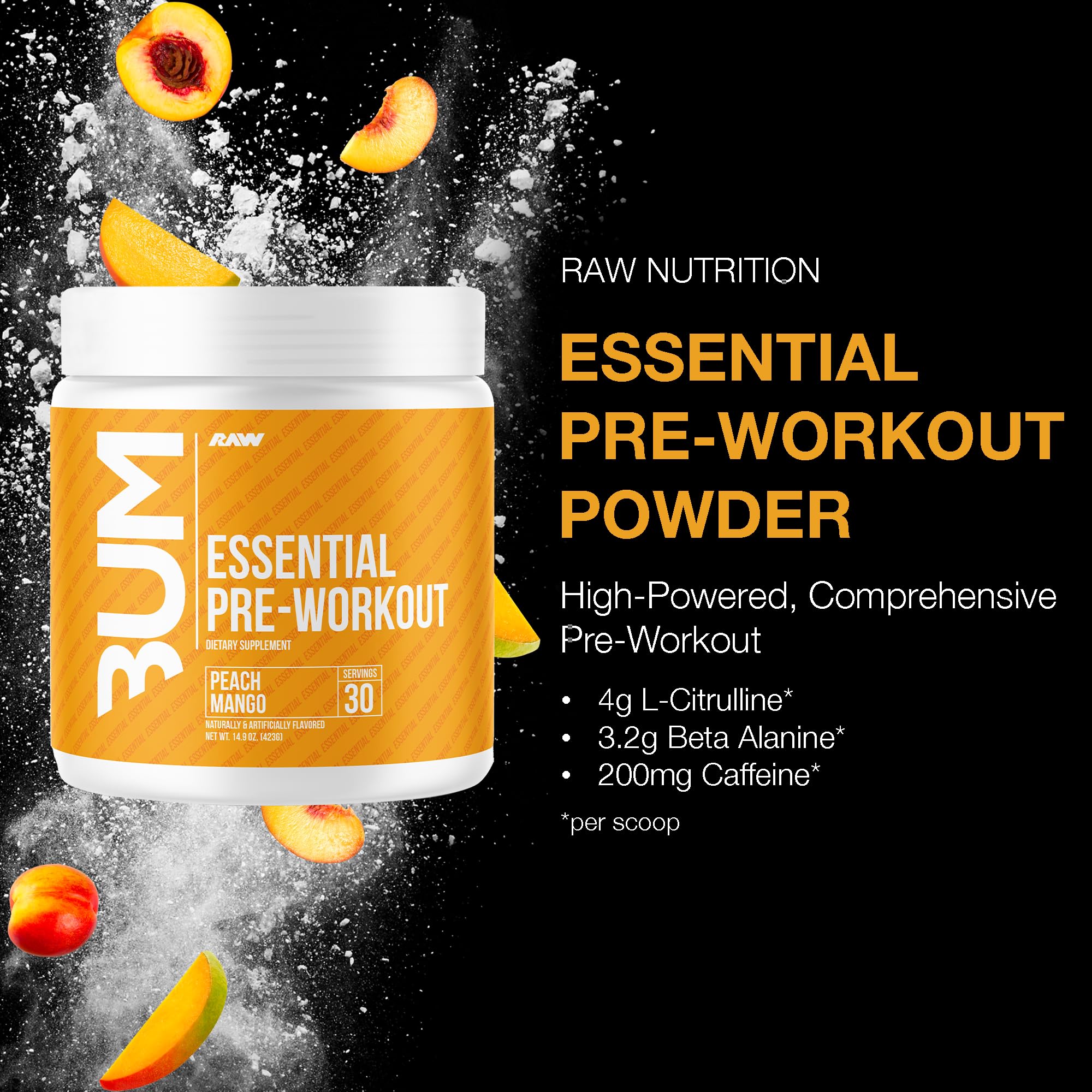 RAW Nutrition - Essential Pre - Chris Bumstead Pre Workout Formula, Sports Nutrition Pre-Workout Powders | Men & Womens Drink, Energy Powder for Working Out (Peach Mango)