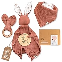 Organic Cotton Newborn Gifts Box, Baby Gifts Unisex incl. Muslin Baby Lovey Comforter + Baby Bandana Bib Drool + Wooden Baby Teether + Birth Announcement Sign, Baby Gift Set, Loveys for Babies