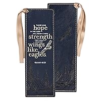 Christian Art Gifts Faux Leather Heat-Debossed Bookmark for Men & Women: On Wings Like Eagles - Isaiah 40:31 Inspirational Bible Verse, Navy Blue w/Silver & Soft Gold Satin Ribbon