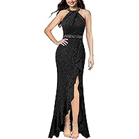 VFSHOW Womens Sexy Halter Neck Beaded Ruffle Slit Prom Formal Maxi Dress 2023 Wedding Guest Twist Front Cocktail Evening Gown