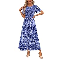 Maggeer Womens 2024 Summer Spring Smocked Wedding Guest Maxi Dress Casual Short Sleeve Floral Boho Flowy Long Dress