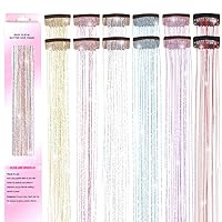 Hair Tinsel Clip in 6 Colors 12Pcs Tinsel Hair Glitter Tinsel Hair Extensions Clip in Hair Tinsel Fairy Hair Tinsel Heat Resistant Sparkly Hair Accessories for Girls Women Kids (12Pcs GALAXY)