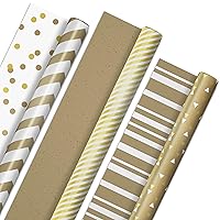 Hallmark Reversible Wrapping Paper Roll Bundle, Gold & Kraft Stripes, Triangles, Chevron, Polka Dots (3 Rolls: 75 sq. ft. ttl) for Valentines Day, Birthdays, Graduation, Crafts
