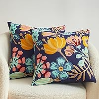 Cotton Linen Decorative Throw Pillow Covers 18x18 Set of 2 Embroidered Couch Pillow Cover with Upgraded Durable Zipper Soft Cushion Cases for Sofa Car Bedroom Living Room, Blue Flowers