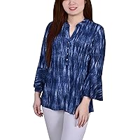 NY CoIIection Petite 3/4 Bell Sleeve Printed Pleat Front Y Neck Top Bell Blue Stripe PL