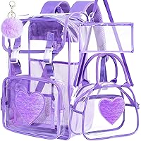 3PCS Clear Backpack, Heavy Duty Transparent Bookbag for Women Girls, Stadium Approved See Through Backpack Set (Purple Sequins)