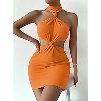 Dresses for Women Women's Dress Twist Detail Cut Out Ribbed Knit Bodycon Dress Dresses (Color : Orange, Size : Medium)
