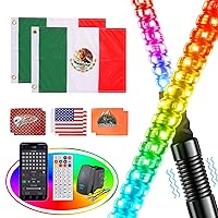 2PCS 3FT Whip Lights for UTV ATV with Spring Base, Tripled Brighter Led Whip Light W/Rocker Switch & 6 Flags(Includes Mexican Flags), Spiral Chasing Lighted Antenna Whip with APP & Remote Contro