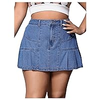 Floerns Women's Plus Size High Waist Casual Pleated Hem Denim Short Skirt