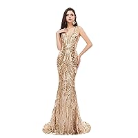 Womens Formal Evening Prom Gowns V Neck Open Back Mermaid Sequins Lace Long Homecoming Party Dresses