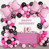 Amandir 124Pcs Pink Black Balloon Garland Arch Kit for Girl, Cartoon Mouse Birthday Party Supplies, Happy Birthday Banner Cake Toppers Headbands Foil Bows for Theme 1st 2nd 3rd Birthday Decorations