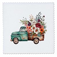 3dRose Vintage Green Truck Full of Flowers Illustration - Quilt Squares (qs-381402-4)