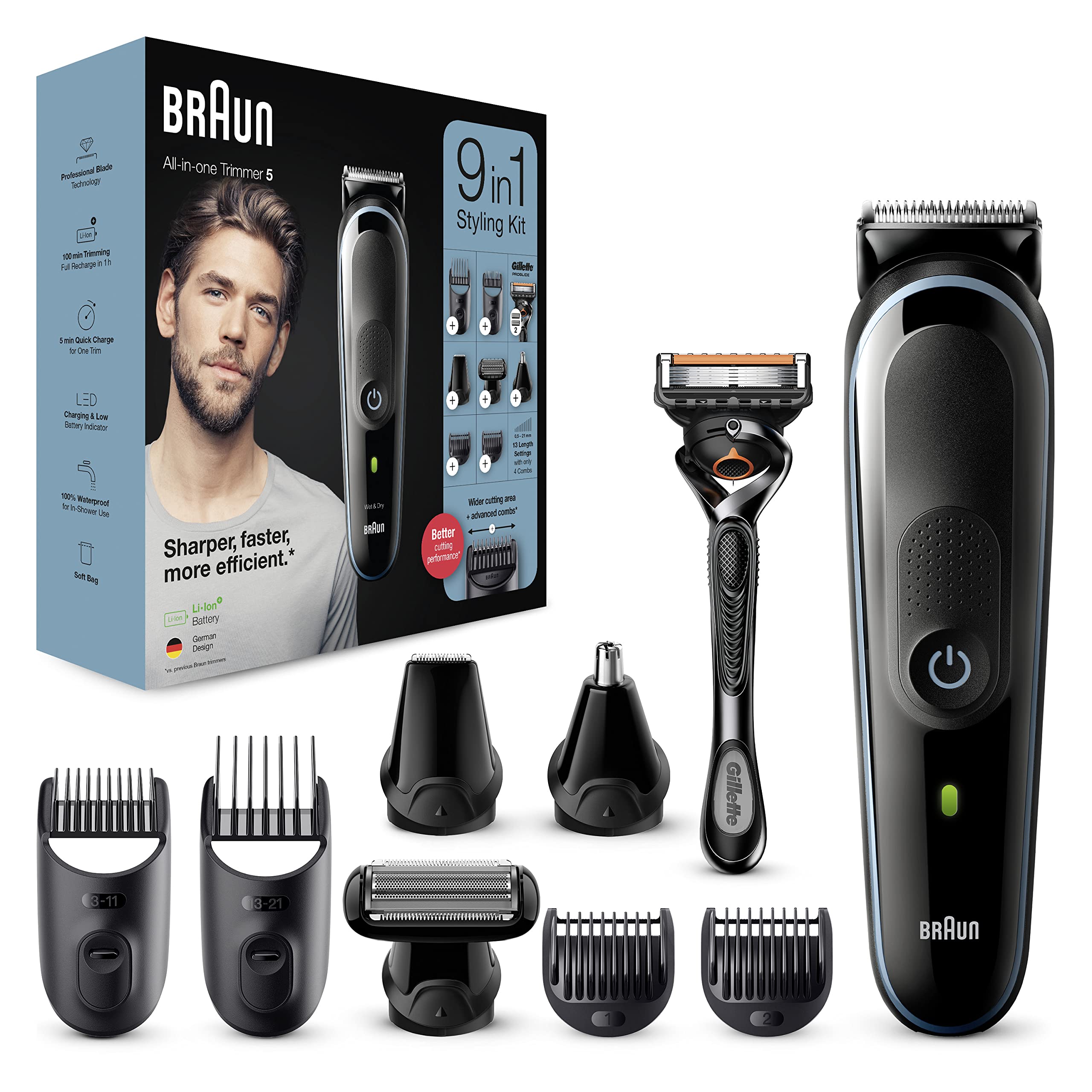Mua Braun 9-in-1 All-In-One Trimmer Series 5, Male Grooming Kit With Beard  Trimmer, Hair Clippers, Ear & Nose Trimmer & Gillette Razor, 7 Attachments,  Gifts For Men, UK 2 Pin Plug,MGK5280,Black/Blue Razor