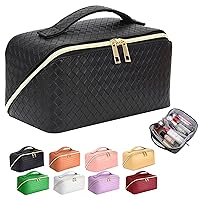 Makeup Bag - Large Capacity Travel Cosmetic Bag, Portable Leather Waterproof Women Travel Makeup Bag Organizer, with Handle and Divider Flat Lay Checkered Cosmetic Bags (Black)