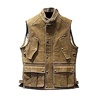 Men’s Brown Genuine Cowhide Retro Hunter Multi Pockets Leather Waistcoat