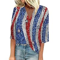 Spring Tops for Women 2024 4th of July Lace Printed Tops Independence Day 3/4 Sleeve V Neck Top Summer Loose Blouses