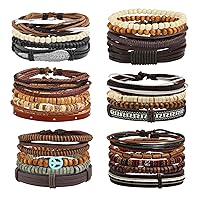 MILAKOO 26Pcs Black&Brown Braided Leather Bracelet for Men Women Cuff Beaded Bracelet Adjustable