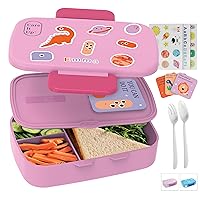 Kids Bento Lunch Box For Boys and Girls With Cutlery Set, Sticker Sheets (5+ Years) - 880 ML Leakproof 3 Compartment Lunch Box for kids, Portion Control Bento Box Kids with Free Parent Cards - Pink